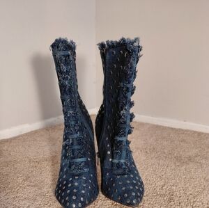 Frayed Denim Lace-Up Boots